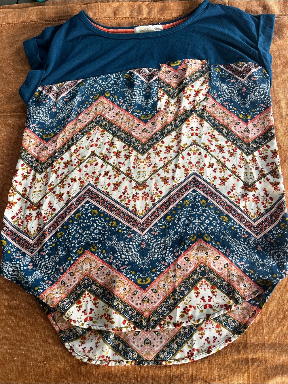 Rewind Navy Blue Multicolor Chevron Floral High-Low Skirt